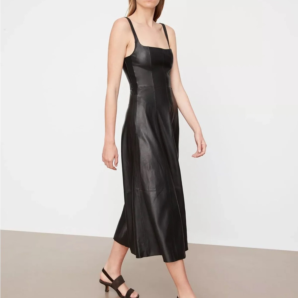 NWT VINCE SQUARE-NECK LEATHER DRESS - BLACK SIZE 2 - Picture 2 of 4